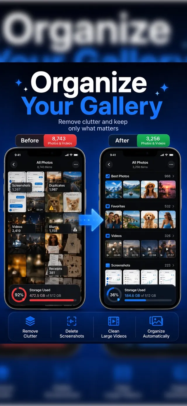 Cleer before-and-after screen showing a library going from 8,743 items to 3,256 organized items