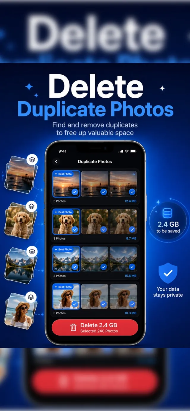 Cleer duplicate photo review screen with the best photo pre-selected and 2.4GB ready to free