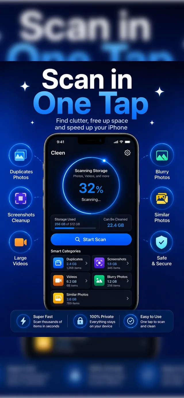 Cleer smart-categories scan screen listing duplicates, screenshots, videos, blurry and similar photos with sizes
